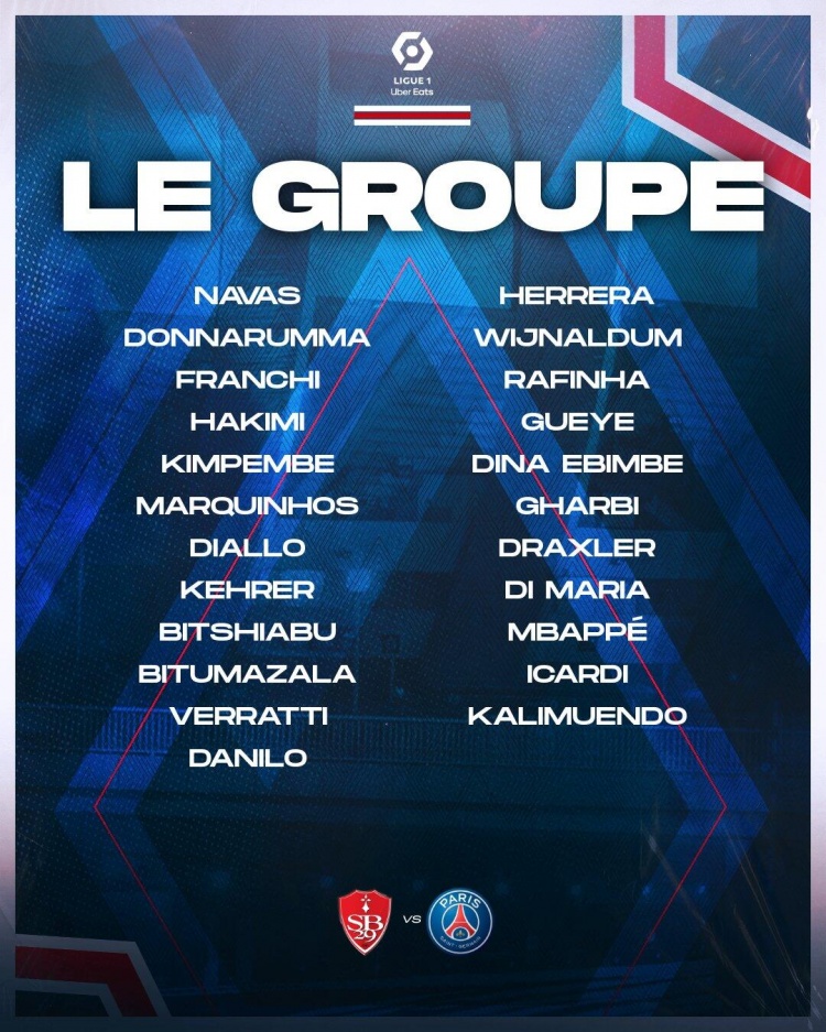 巴黎联赛大名单：姆巴佩领衔 梅西、拉莫斯、内马尔缺席