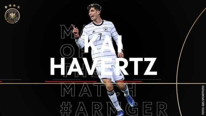 德足协官方：哈弗茨当选德国4-1亚美尼亚全场最佳球员