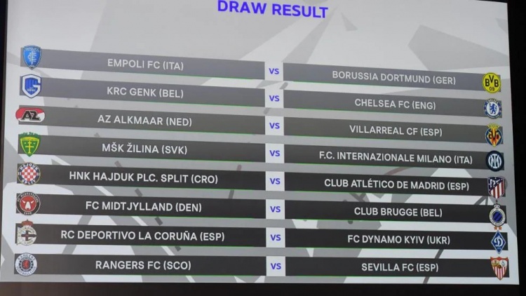 青年欧冠淘汰赛附加赛抽签结果：切尔西VS亨克，多特VS恩波利