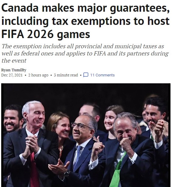 加媒：为获得2026世界杯主办权，加拿大承诺对FIFA免税和免签证