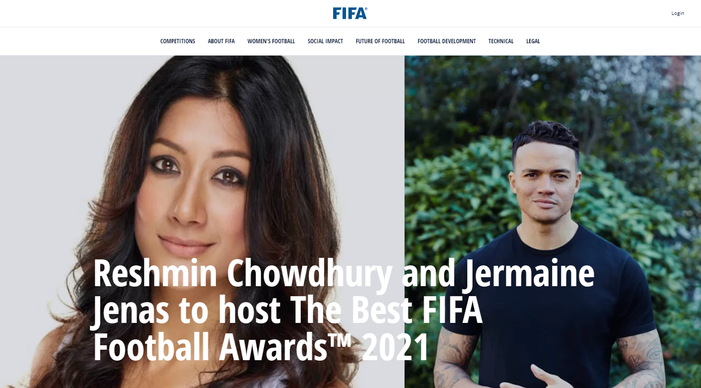 国际足联年度颁奖典礼主持人确定：莱什明-乔杜里、杰梅恩-杰纳斯