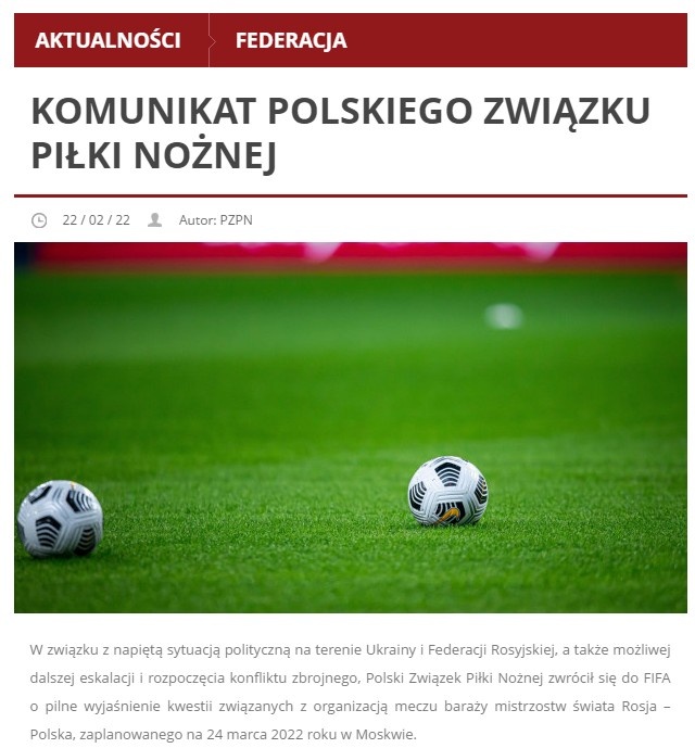 波兰足协：要求FIFA尽快对俄罗斯vs波兰的比赛做出决定