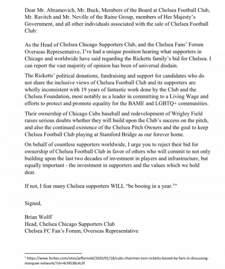 切尔西海外球迷代表声明：敦促俱乐部拒绝里基茨家族的竞标