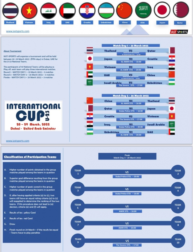 迪拜杯更新赛程：U23国足vs阿联酋更改为北京时间3月24日0点开始