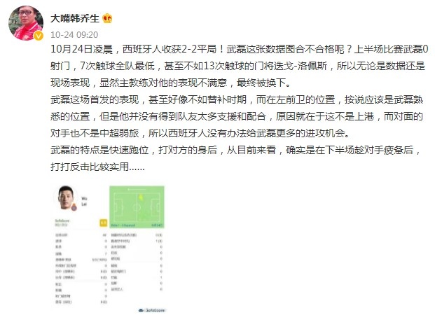 韩乔生：武磊首发表现还不如替补时期，显然主帅对他表现不满意