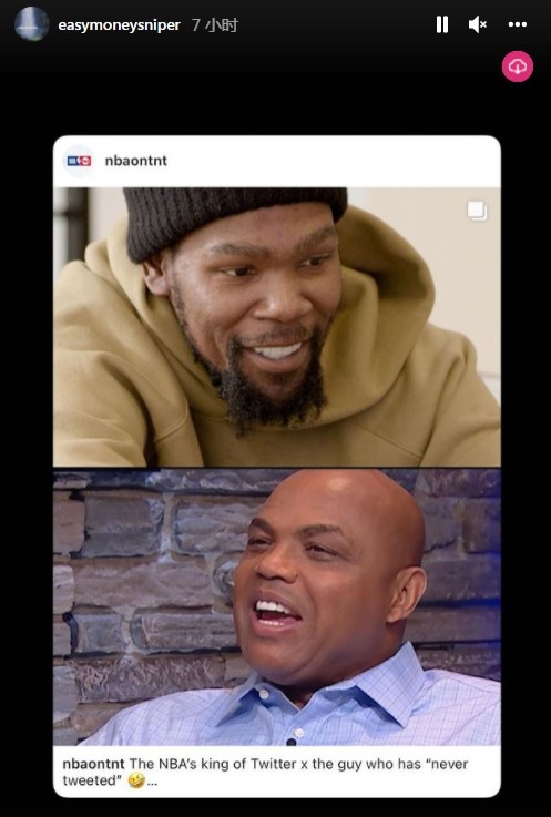 NBA推特之王认证！杜兰特转发与巴克利对话动态