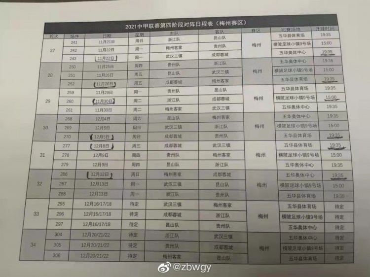 博主晒中甲第四阶段梅州赛区赛程：11月21日开始，12月22日结束