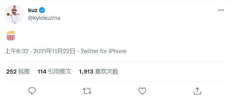 湖人活塞比赛爆发冲突 库兹马推特上发了一个“爆米花
