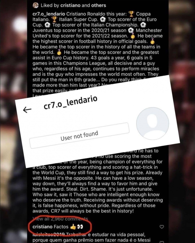 C罗点赞并评论的INS账号目前已处于搜索不到的状态