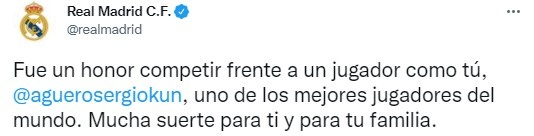 皇马官方告别阿圭罗：很荣幸与这样的球员比赛，他是世界最佳之一