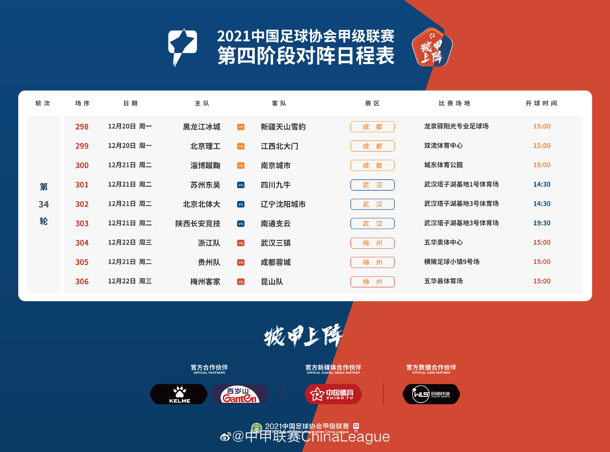 中甲末轮开球时间公布：浙江vs三镇、梅州vs昆山同时开球