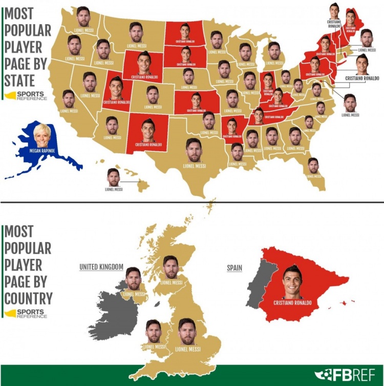 数据机构调查：梅西在美国30个州最受欢迎，C罗占19州