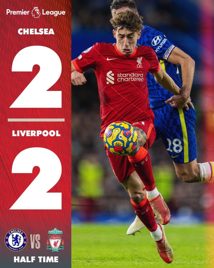 切尔西2-2利物浦，英超前四球队交锋第二次出现上半场都进球2+