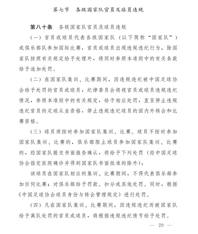 足协纪律准则：球员在国家队集训违规，将停止比赛资格和转会