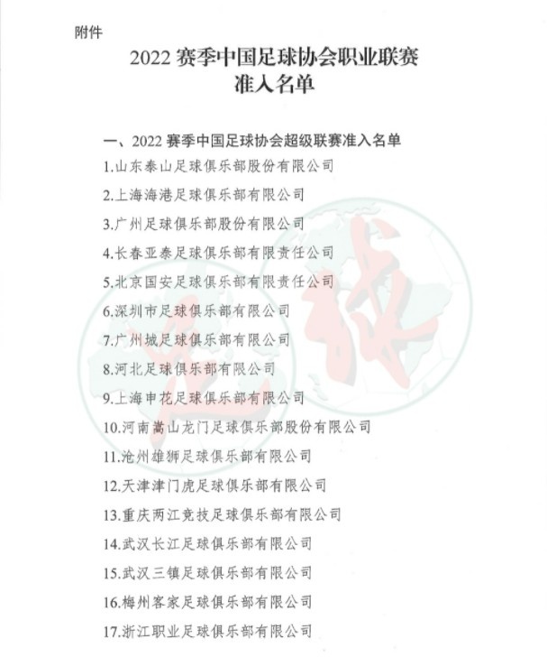 新赛季中超准入名单18家俱乐部公布，河北队、重庆两江均在列