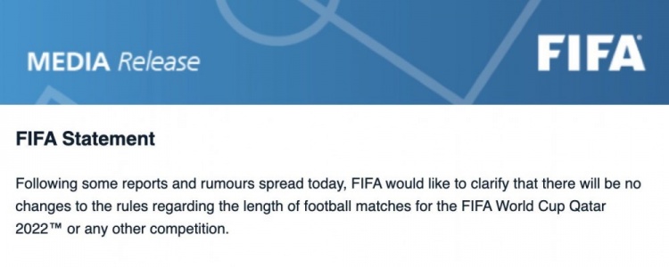 FIFA官方辟谣：2022世界杯或其他任何赛事的比赛时长不会改变