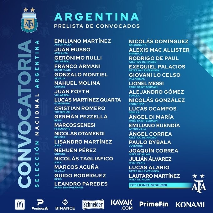 阿根廷本期国家队35人预选名单：梅西、迪巴拉、迪马利亚在列