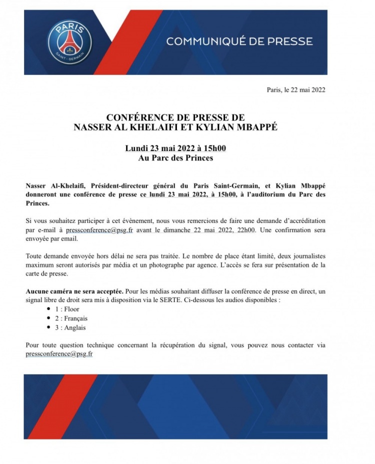 巴黎官方：姆巴佩与纳赛尔将在北京时间明天21:00出席发布会
