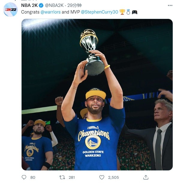 NBA 2K官推发文庆祝勇士总冠军：并配图游戏中库里举起奖杯