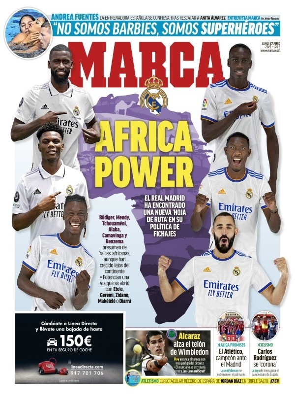 马卡头版介绍皇马的“非洲力量”，因多数球员出生在欧洲引争议