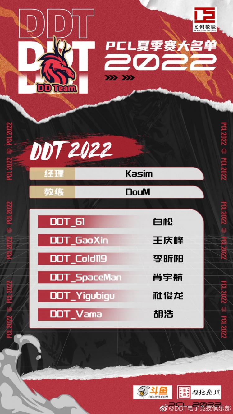 DDT战队PCL夏季赛大名单：Cold119、GaoXin、Vama在列
